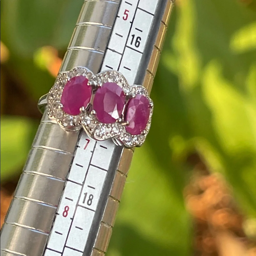 NWT Natural Ruby 3 stone (7X5mm each) Ring w/ CZ accents in 925 Silver Size 6.5